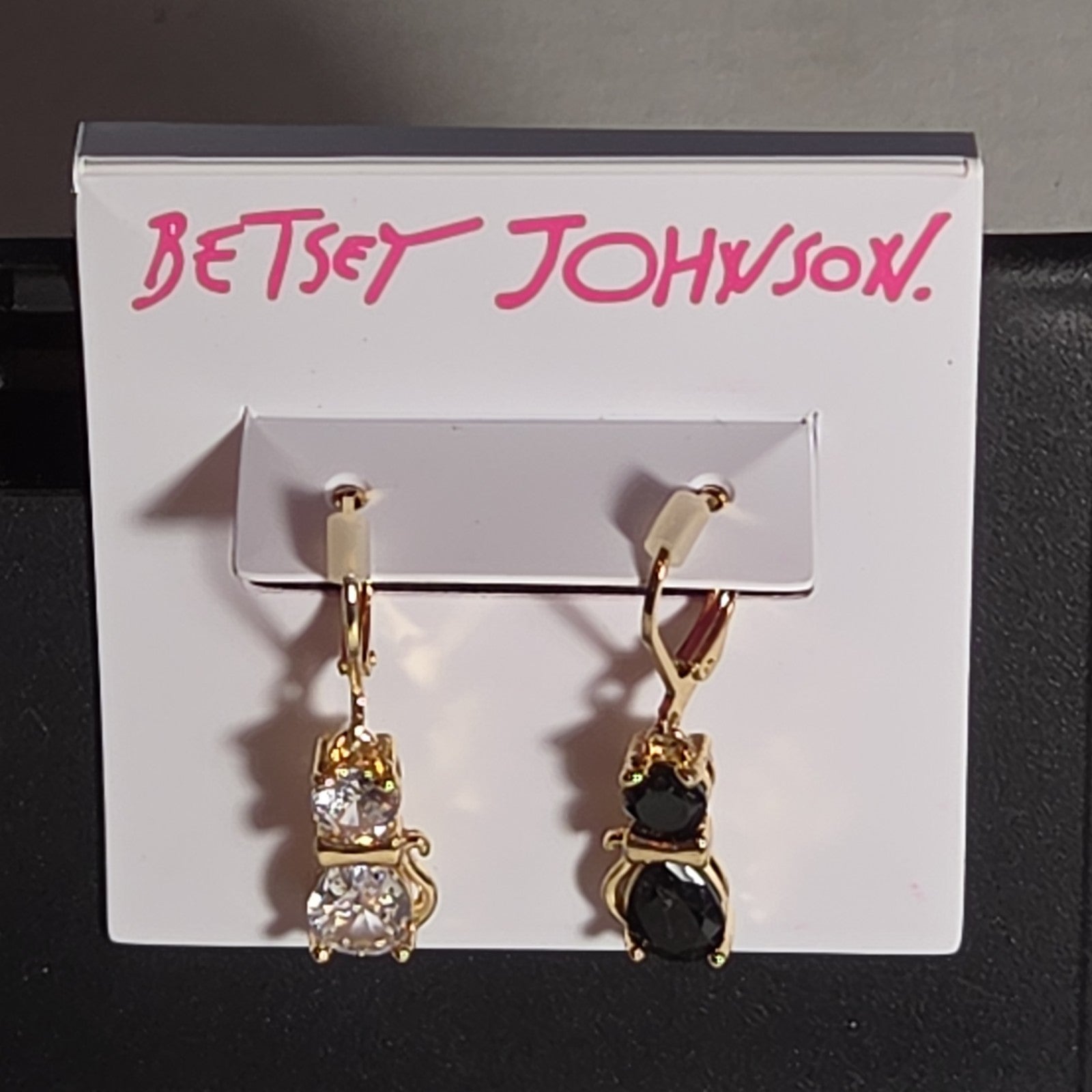 Betsey Johnson Mismatched Cat CZ Drop Earrings