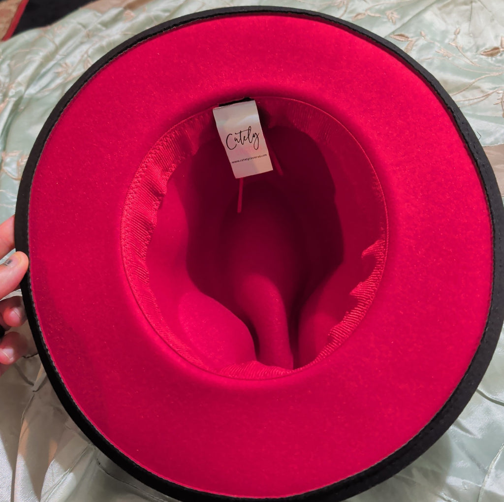 Cutely Covered Pink Bottom Black Cowboy Hat Felt Wide Brim Fedora Medium Used