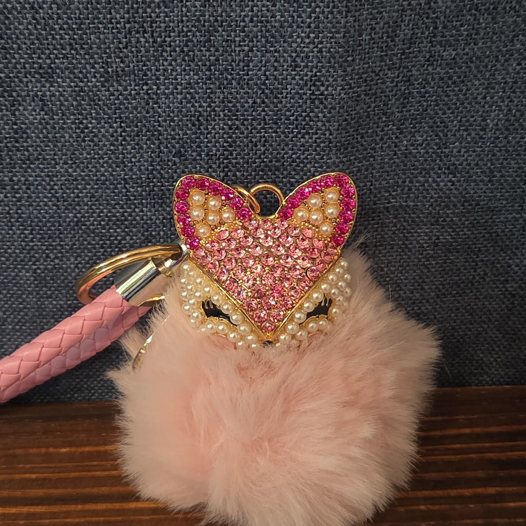 Pink Rhinestone Fox Pom Pom Keychain Charm Braided Strap