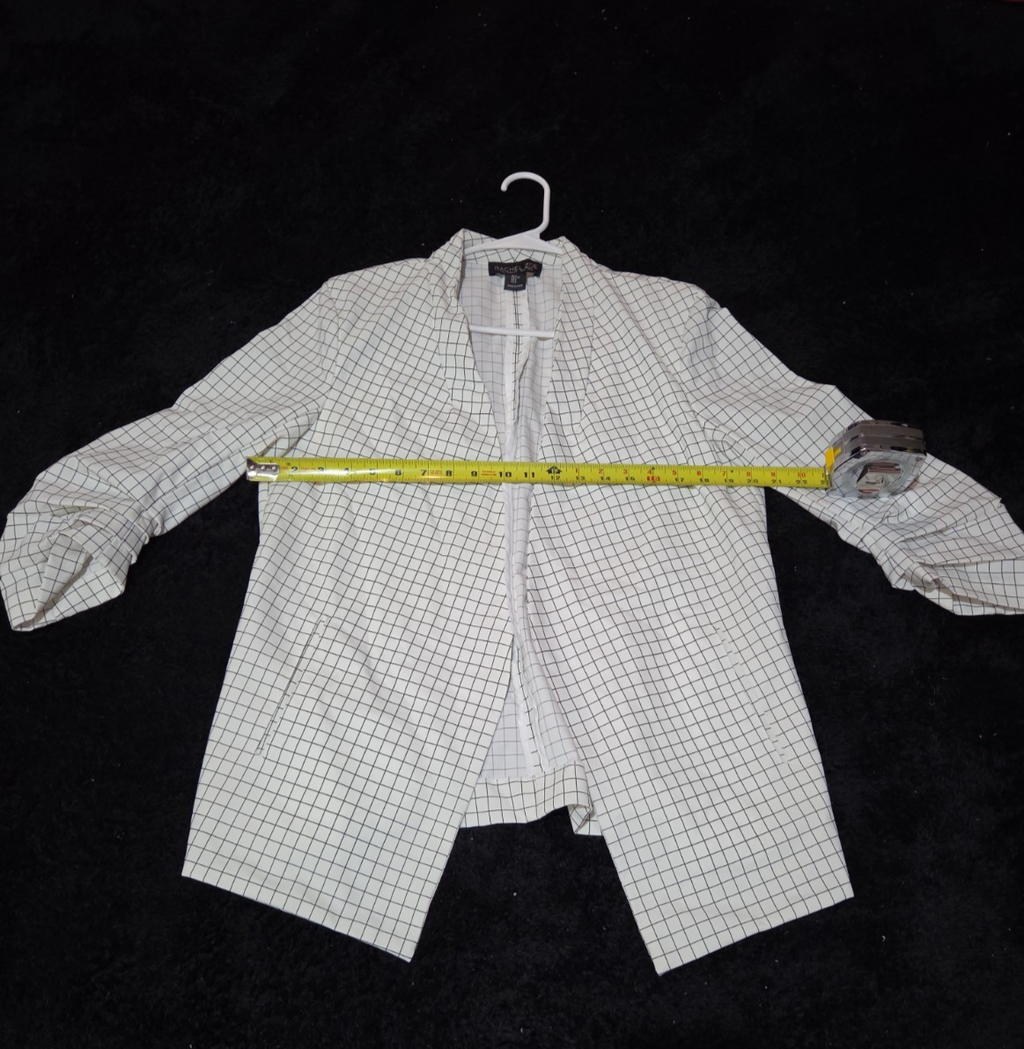 Rachel Zoe Open Front Blazer Women's S White Black Check 3/4 Sleeve Ruche Size L