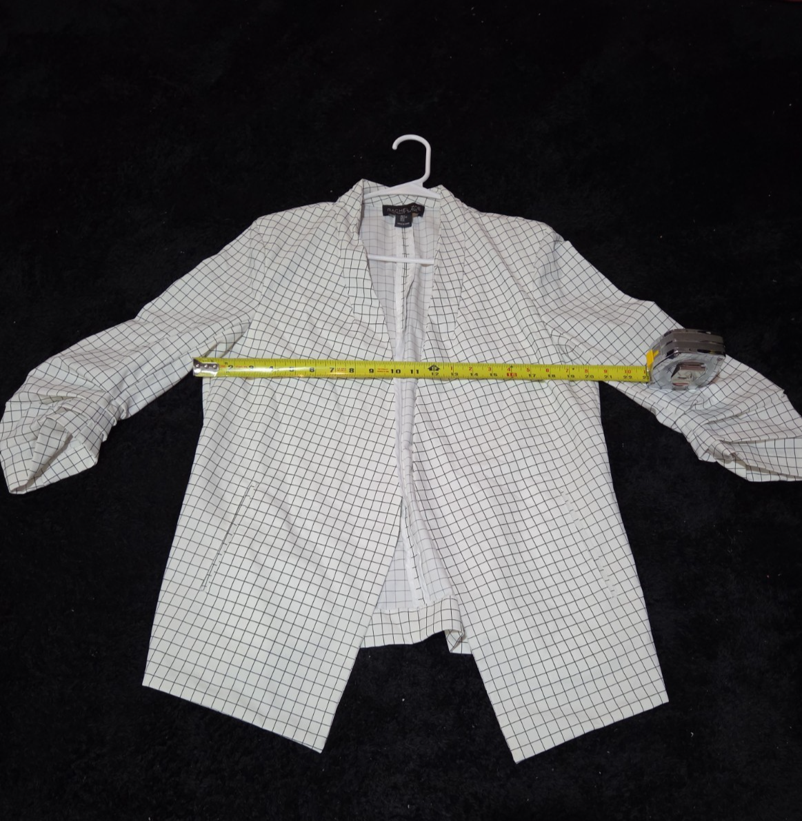 Rachel Zoe Open Front Blazer Women's S White Black Check 3/4 Sleeve Ruche Size L