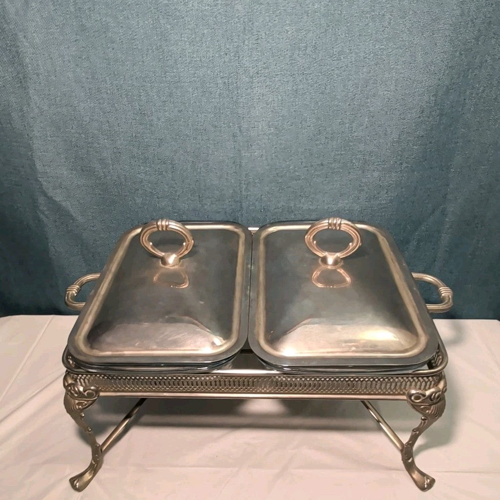 Silver Plated Double Chafer 8 Qt Buffet Server 2 Marinex Glass Pans Lion Feet