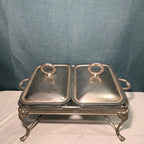 Silver Plated Double Chafer 8 Qt Buffet Server 2 Marinex Glass Pans Lion Feet