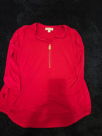 Michael Kors Blouse Red Zip Top Women Large Roll Tab Sleeve Jersey Shirt Used
