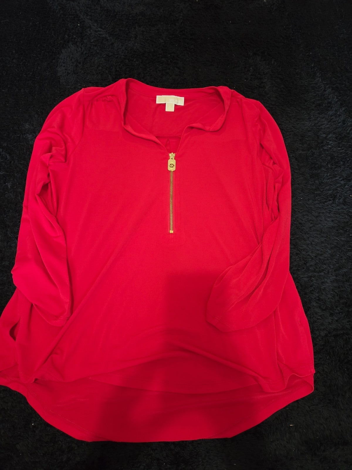 Michael Kors Blouse Red Zip Top Women Large Roll Tab Sleeve Jersey Shirt Used