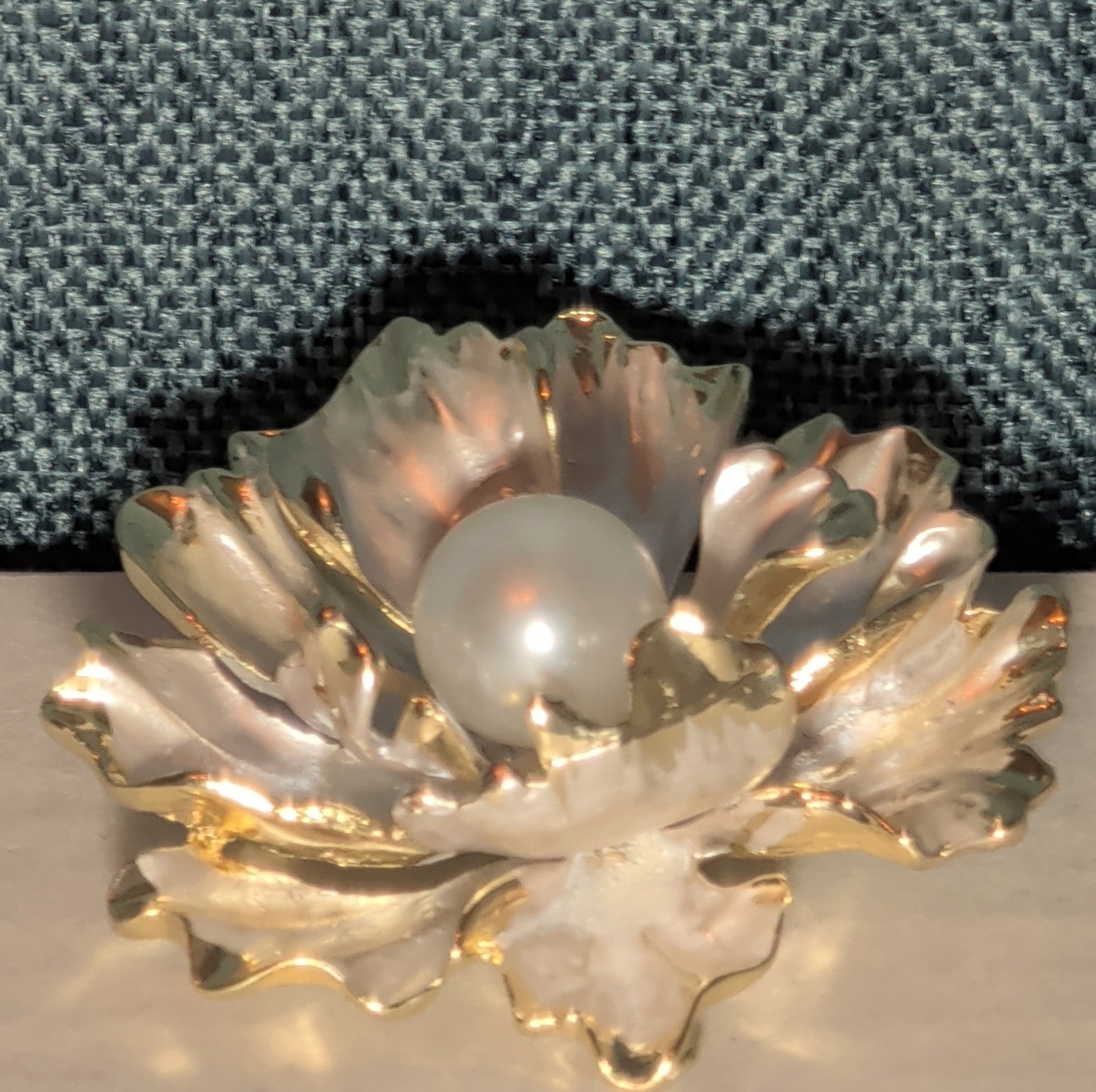 Peony Flower Brooch Pin Gold Tone Faux Pearl Enamel Coquette NWOT