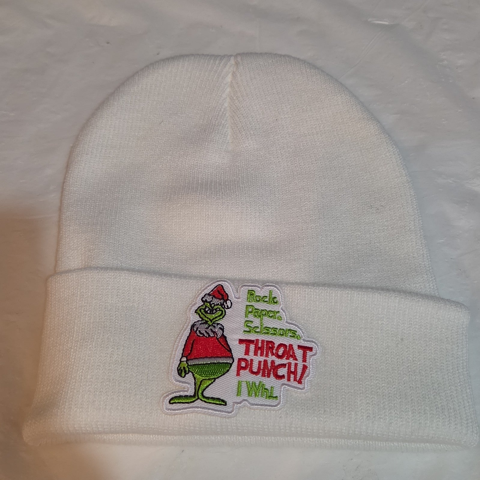 Custom Grinch Throat Punch White Knit Beanie Funny Holiday Hat Brand