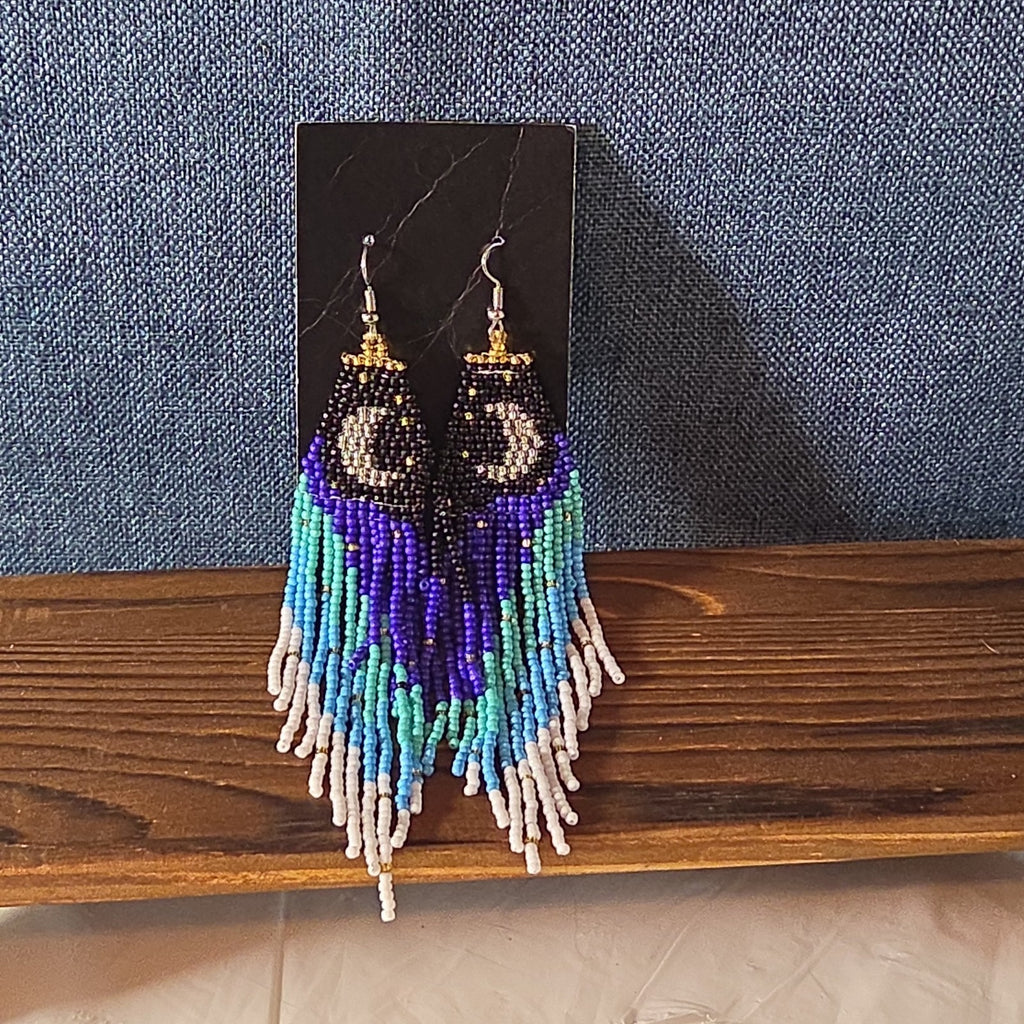 Boho Celestial Moon Seed Bead Fringe Dangle Earrings