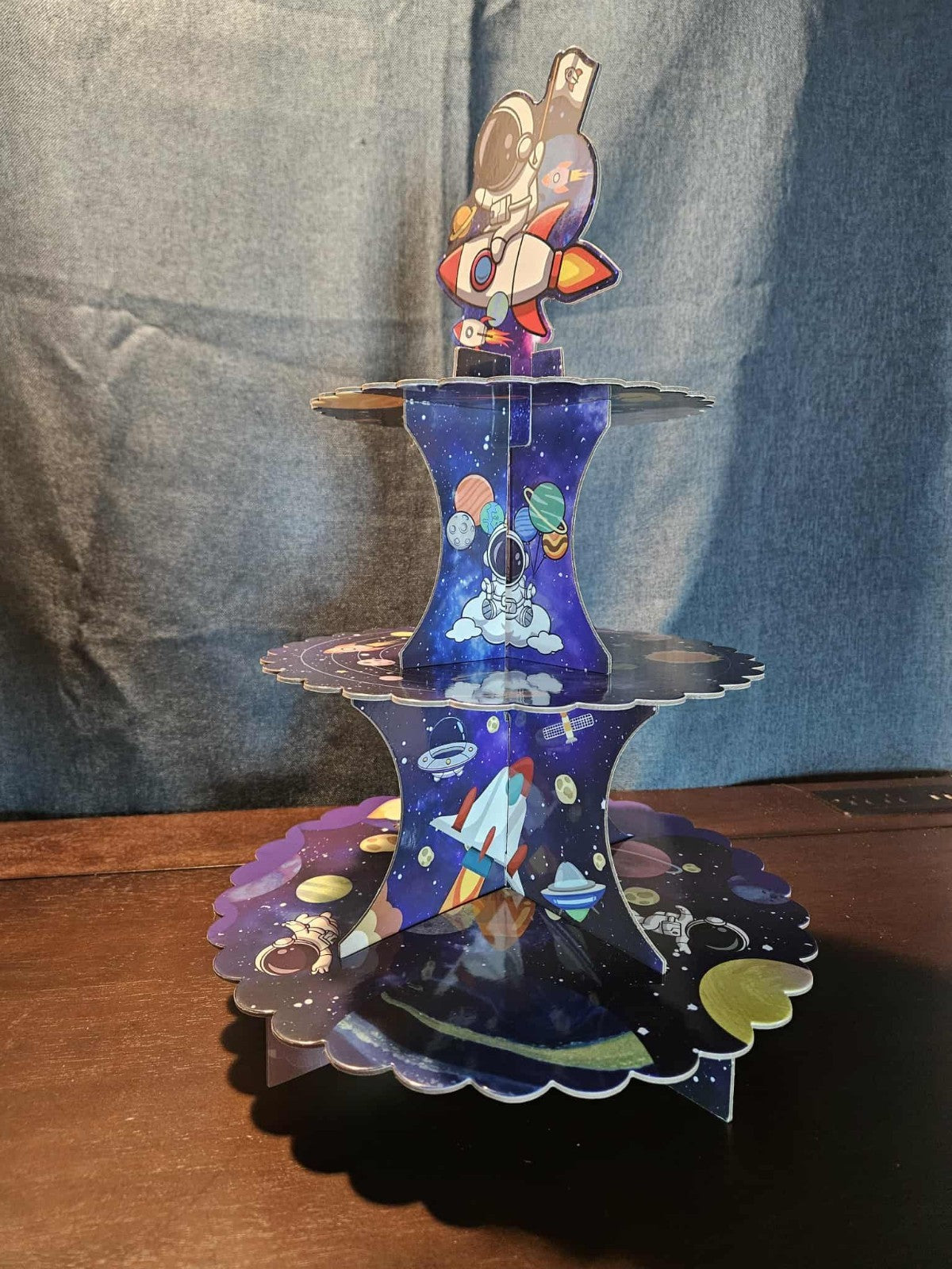 Outer Space 3-Tier Cupcake Stand LED Light Rocket Astronaut Birthday Party Decor