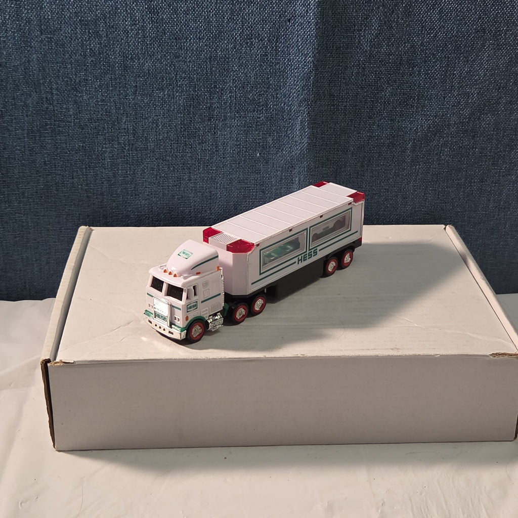 2021 Hess Mini Toy Truck Semi Hauler with Race Car White & Green Collectible