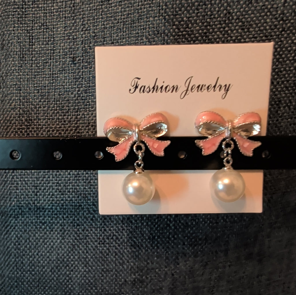 Pink Bow Pearl Drop Earrings Gold Plated Bowknot Cute Elegant Dangle Studs Gift