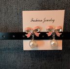 Pink Bow Pearl Drop Earrings Gold Plated Bowknot Cute Elegant Dangle Studs Gift