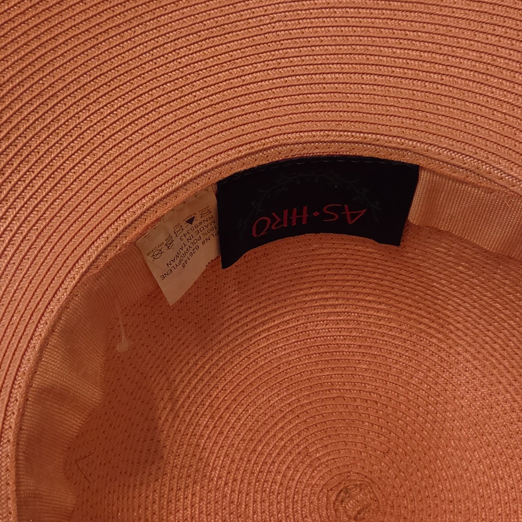 Ashro Wide Brim Derby Hat Peach Striped Mesh Flower