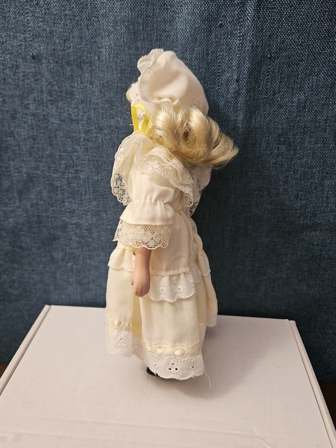 Vintage 8" Porcelain Doll | Blonde with Bonnet & Ruffled Dress