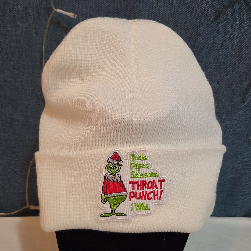 Custom Grinch Throat Punch White Knit Beanie Funny Holiday Hat Brand