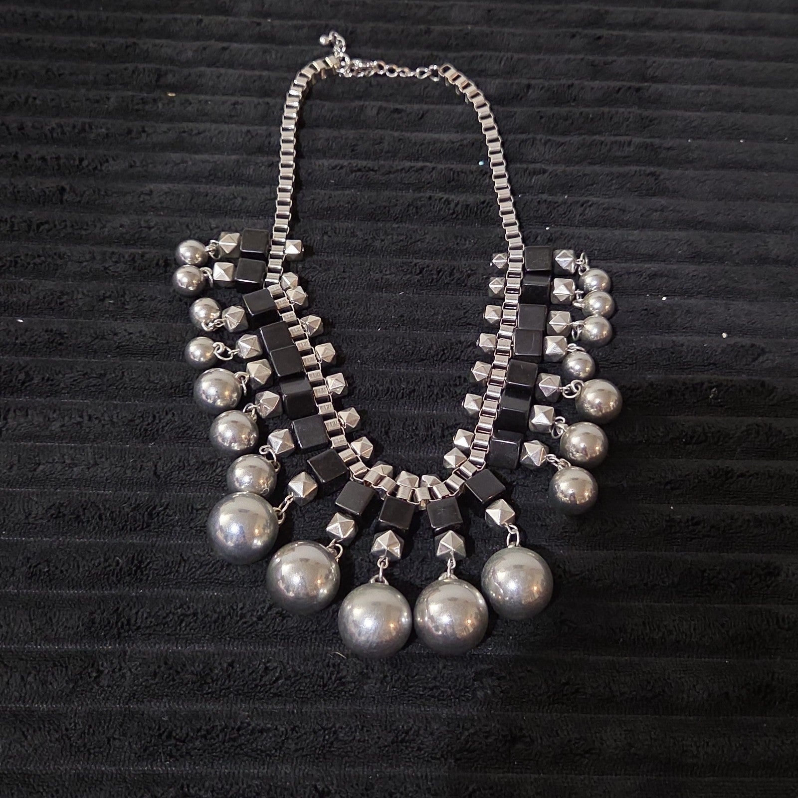Chunky Silver Bib Statement Necklace Black Cube Cascading Collar Choker Punk Mod