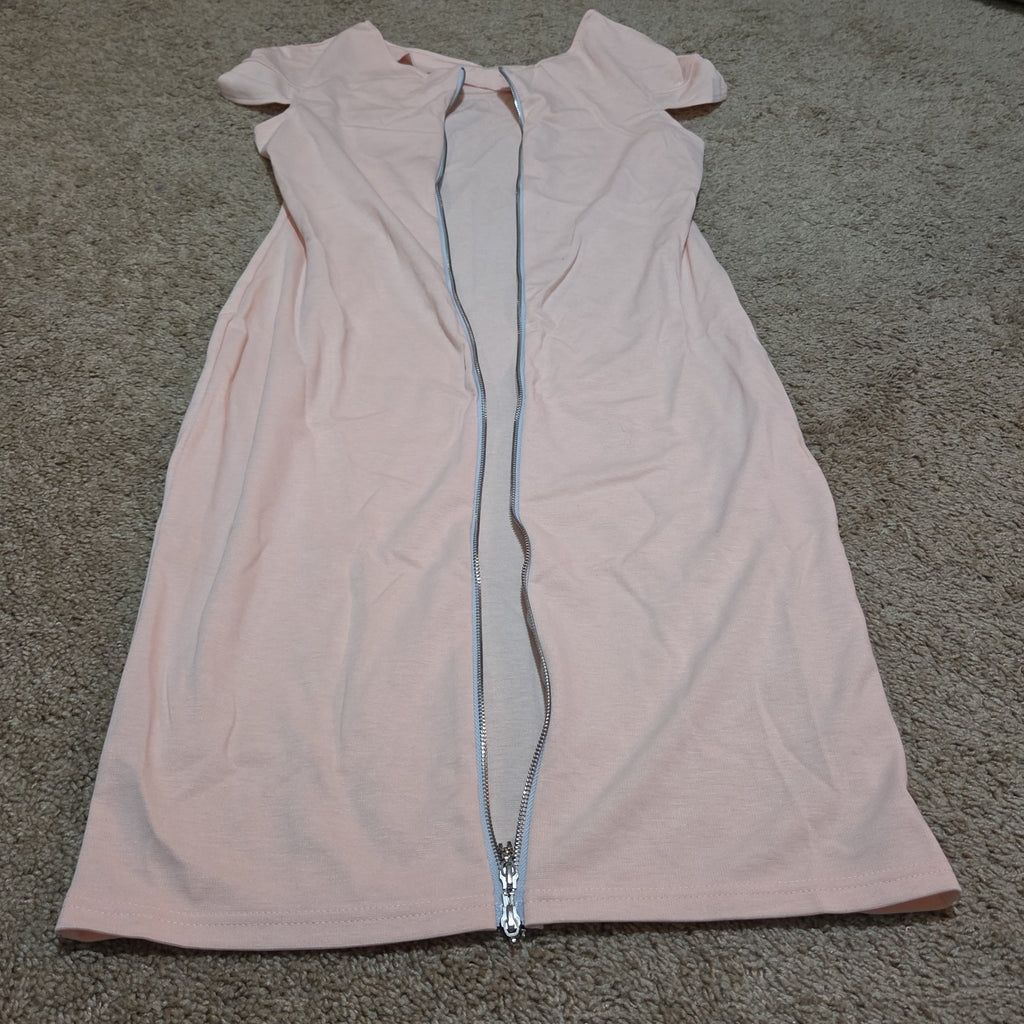 Blush Pink Midi Dress Full Zip Cutout Short Sleeve Bodycon XXL