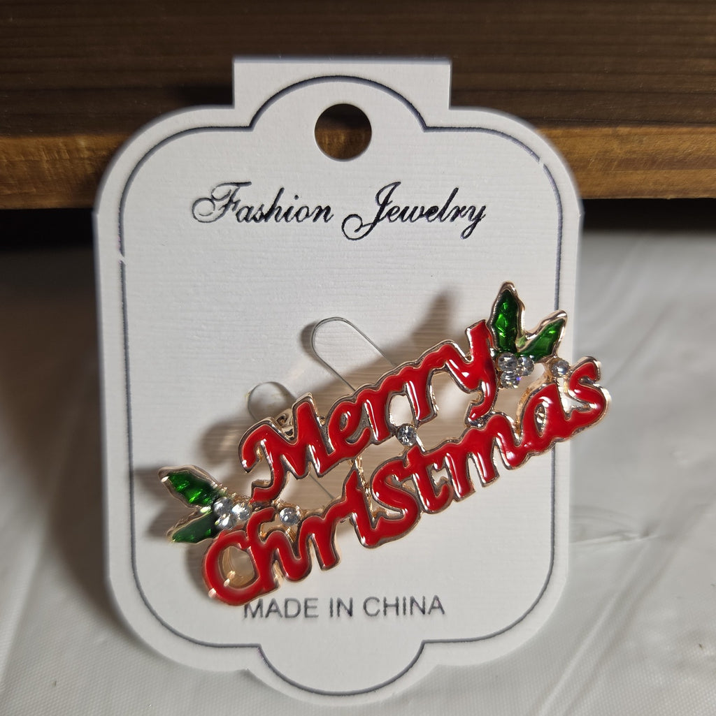 Merry Christmas Brooch Red Enamel Rhinestone Holiday Pin NWT