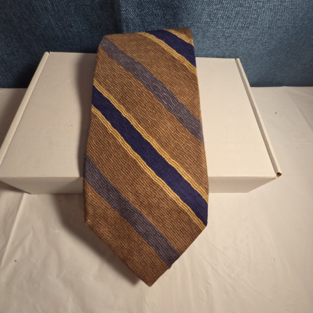 J.Z. Richards Silk Tie Edwards Michigan Brown Blue Stripe Frayed As Is Vest Tie