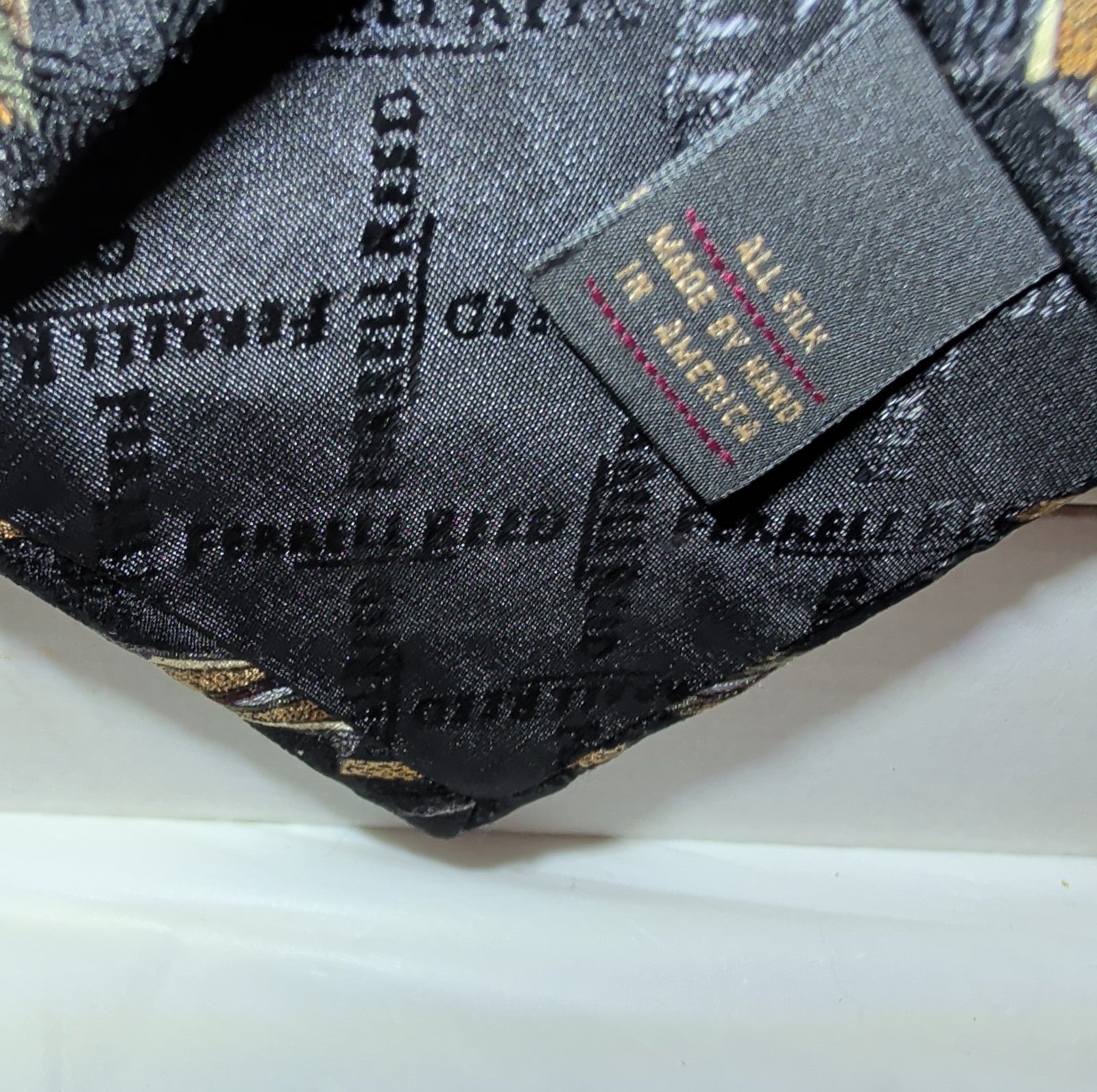 Vtg Ferrell Reed for Edwards Silk Neck Tie Black Gold Geometric Art Deco 59.5