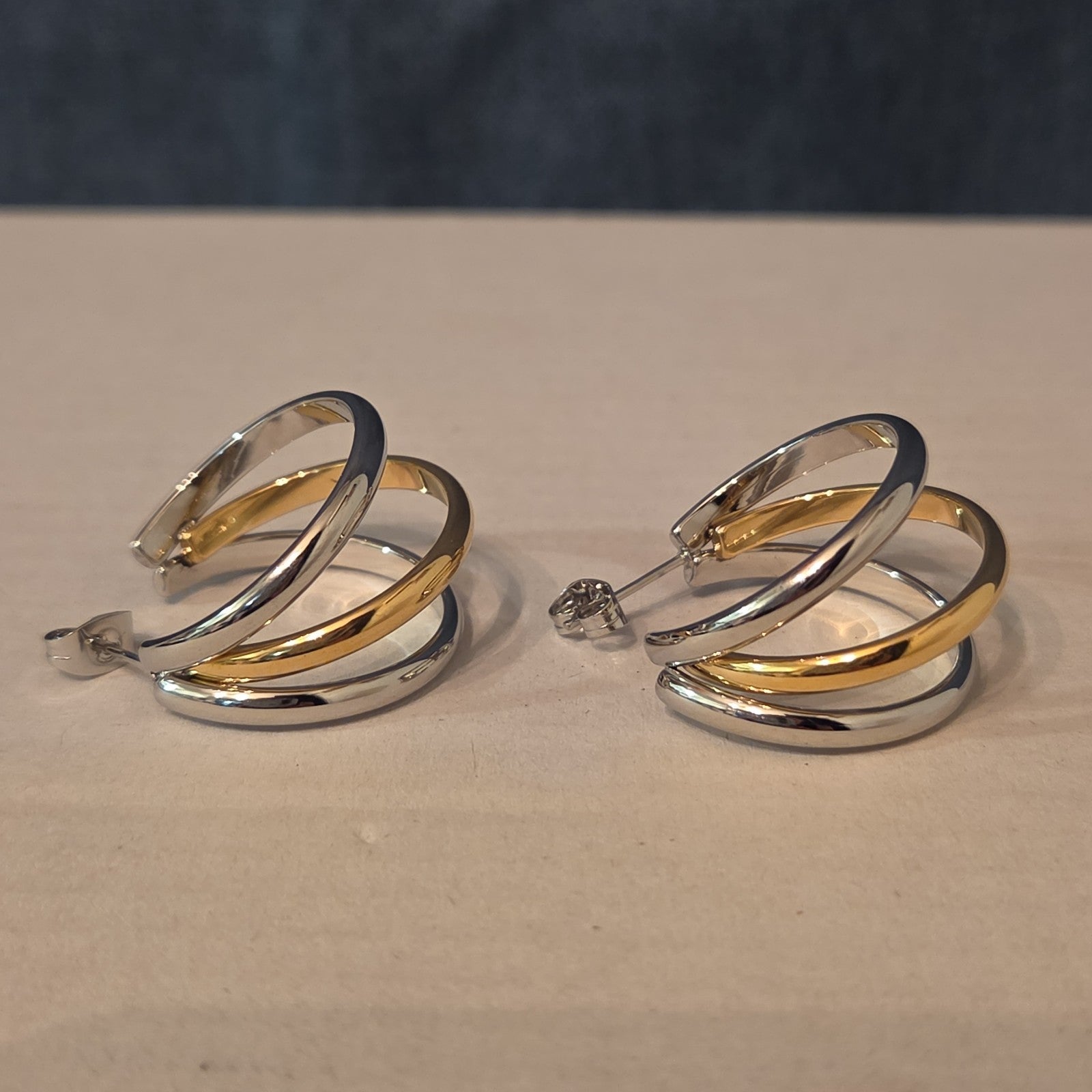 Triple Hoop Mixed Metal Gold Silver Tone Earrings Modern