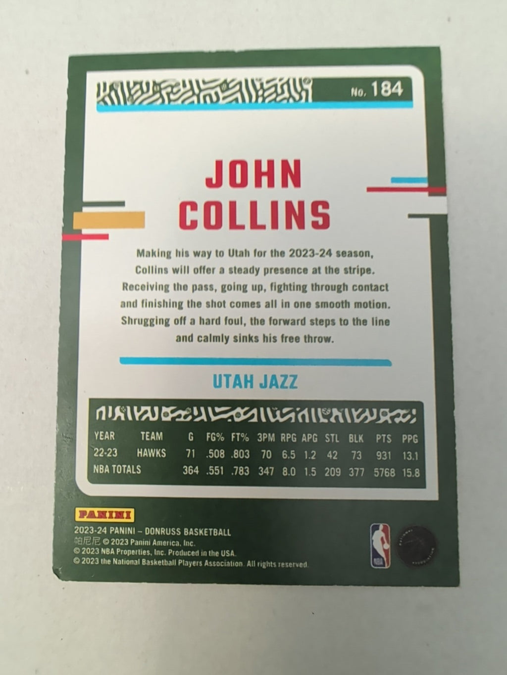 2023-24 Donruss John Collins #184 Green Holo Laser Parallel Utah Jazz