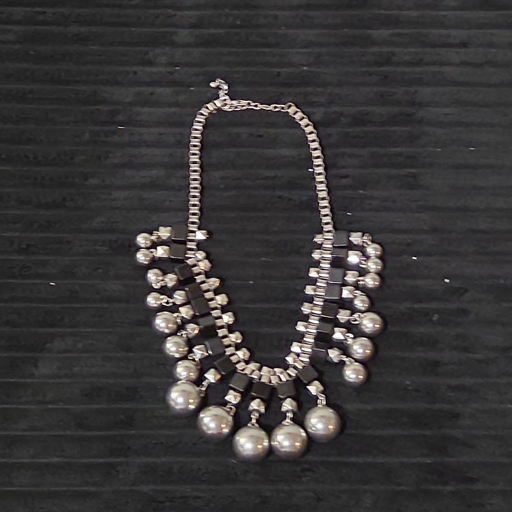 Chunky Silver Bib Statement Necklace Black Cube Cascading Collar Choker Punk Mod