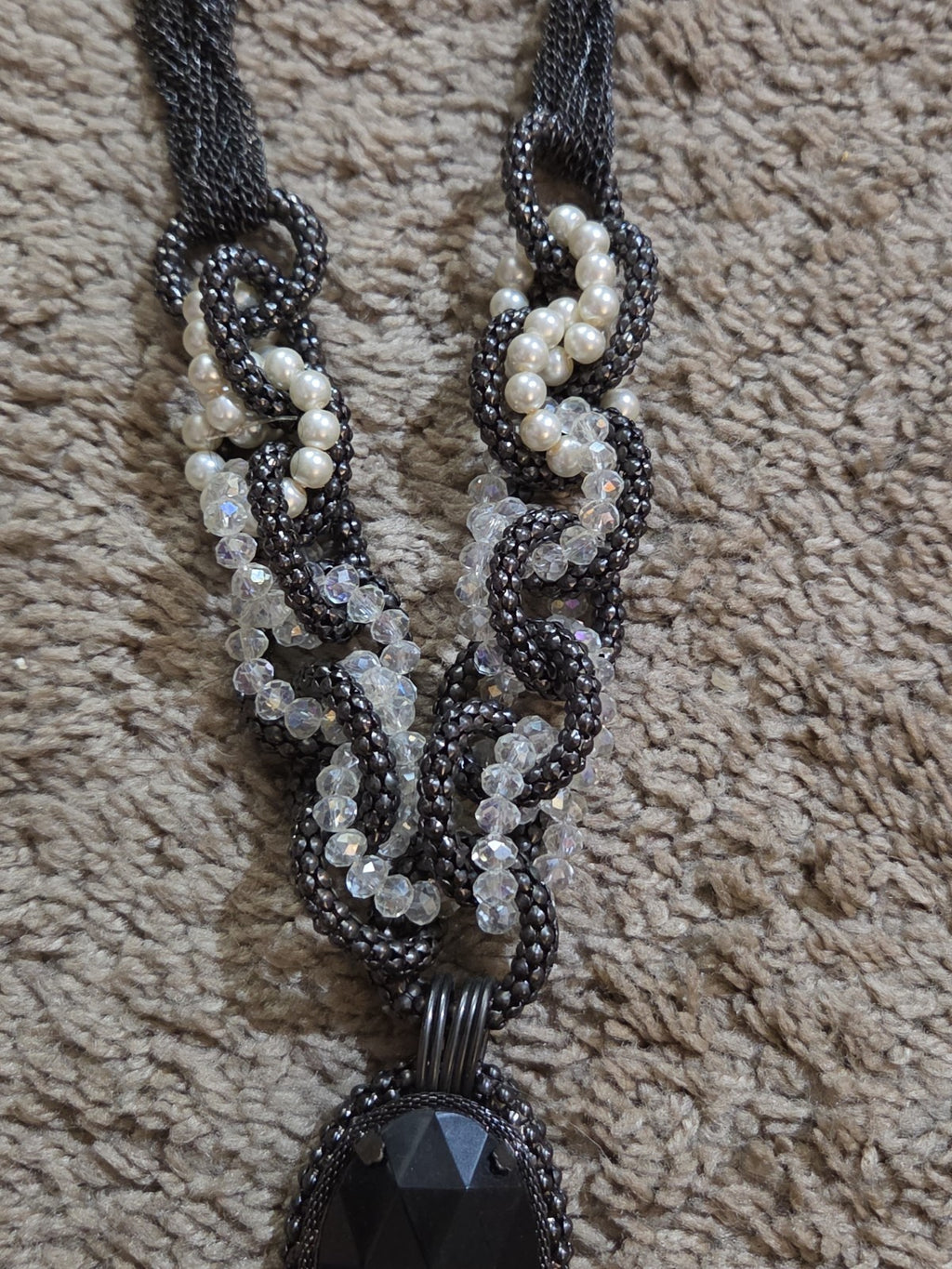 Black Crystal Pearl Necklace Chunky Bib Pendant Antique Chain
