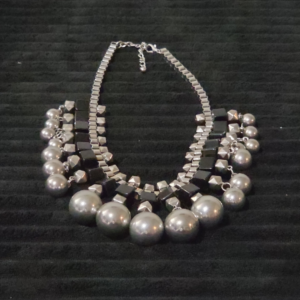Chunky Silver Bib Statement Necklace Black Cube Cascading Collar Choker Punk Mod