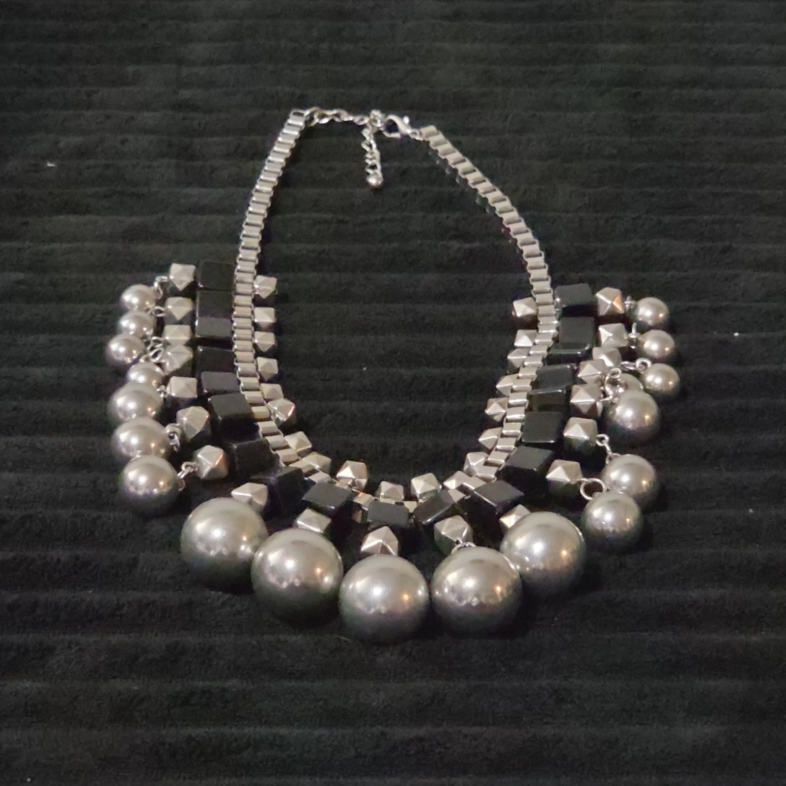 Chunky Silver Bib Statement Necklace Black Cube Cascading Collar Choker Punk Mod