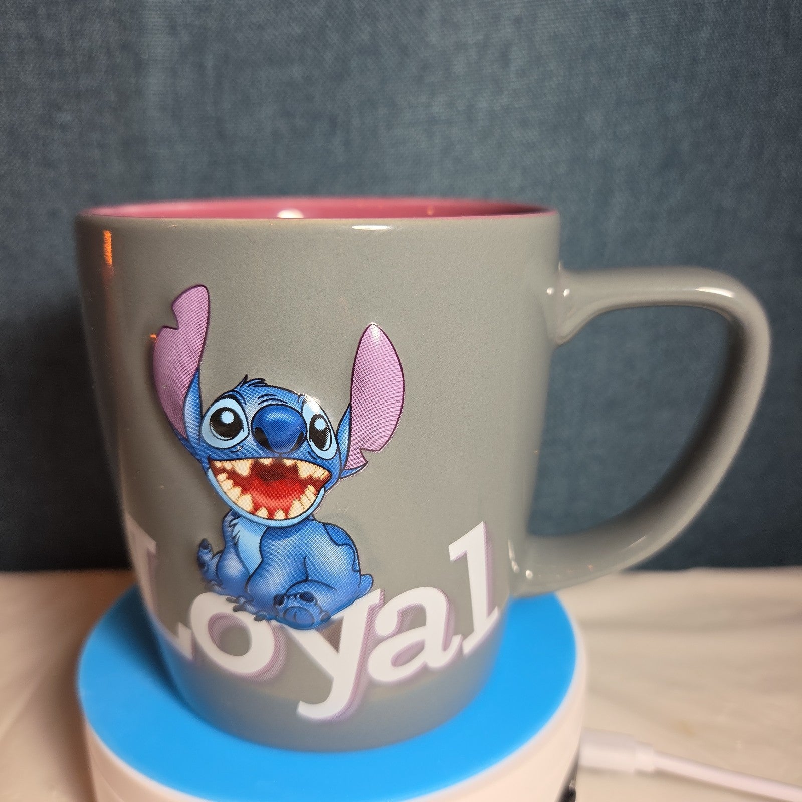 Disney Parks Stitch Loyal Brave Grey Ceramic Mug Pink Inside