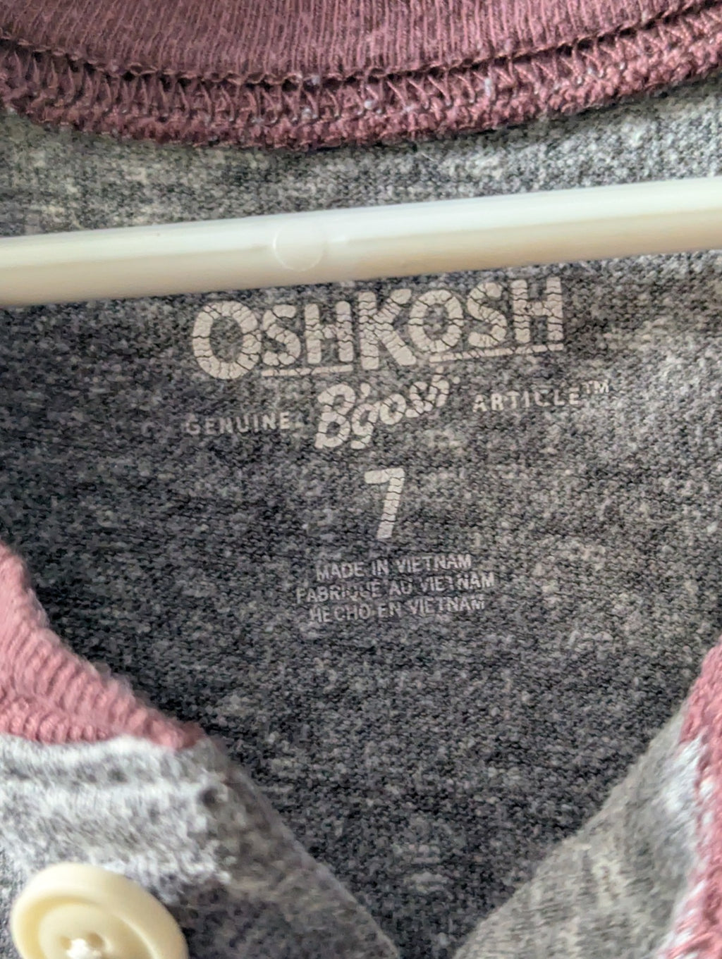 OshKosh B'gosh Boys Shirt Size 7 Henley Raglan Gray Maroon Varsity Stripe