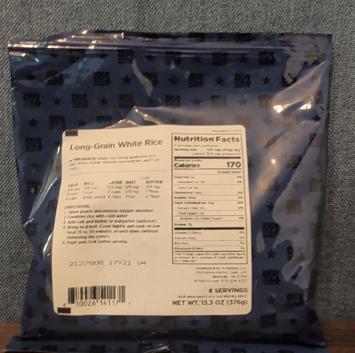 4Patriots Long Grain White Rice Survival Food Pouch 8 Servings
