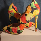 Liliana Fruit Print Pumps 8.5 Scalloped Stiletto Heels Watercolor Fruit Salad