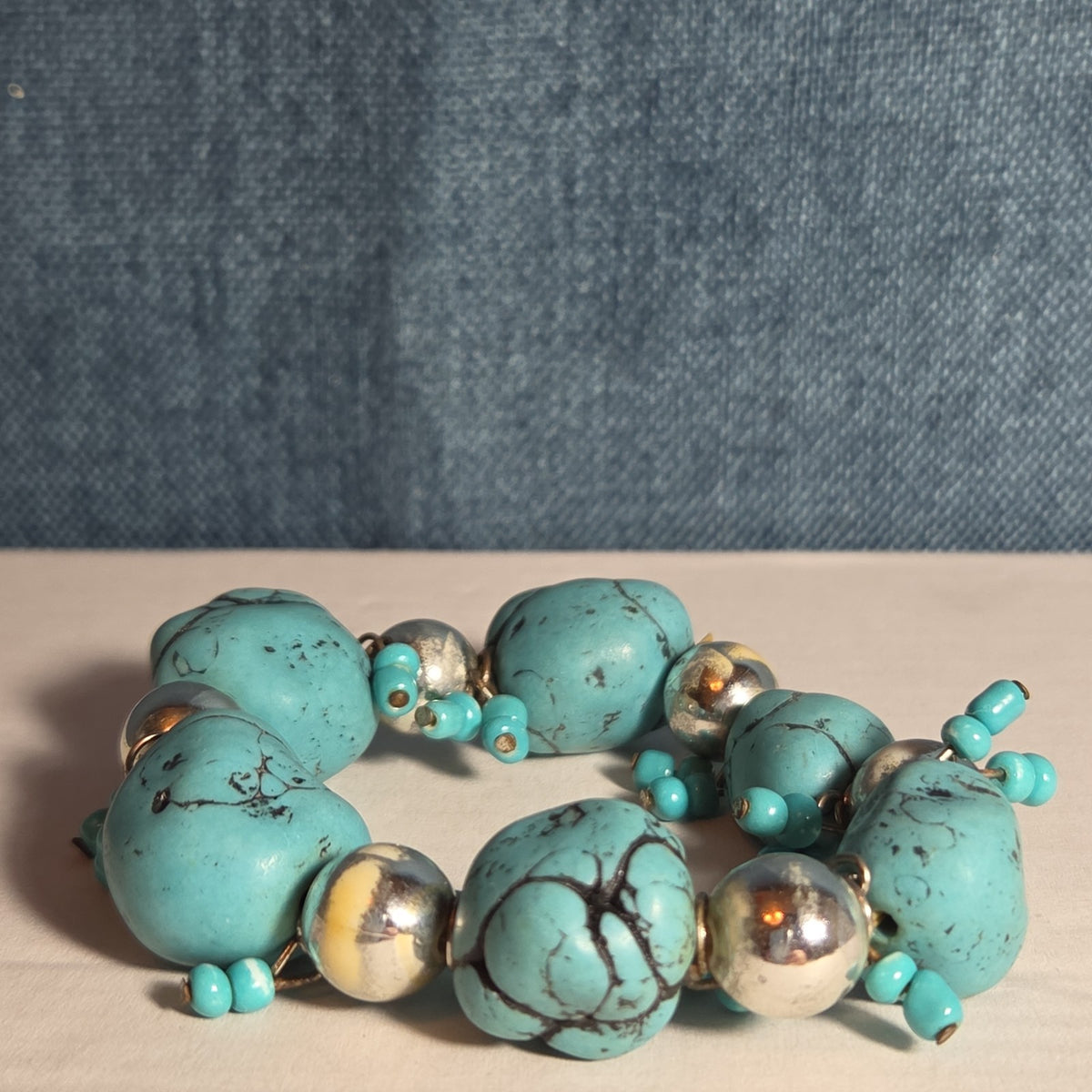Chunky Faux Turquoise Silver Tone Stretch Bracelet Boho Y2K NWOT