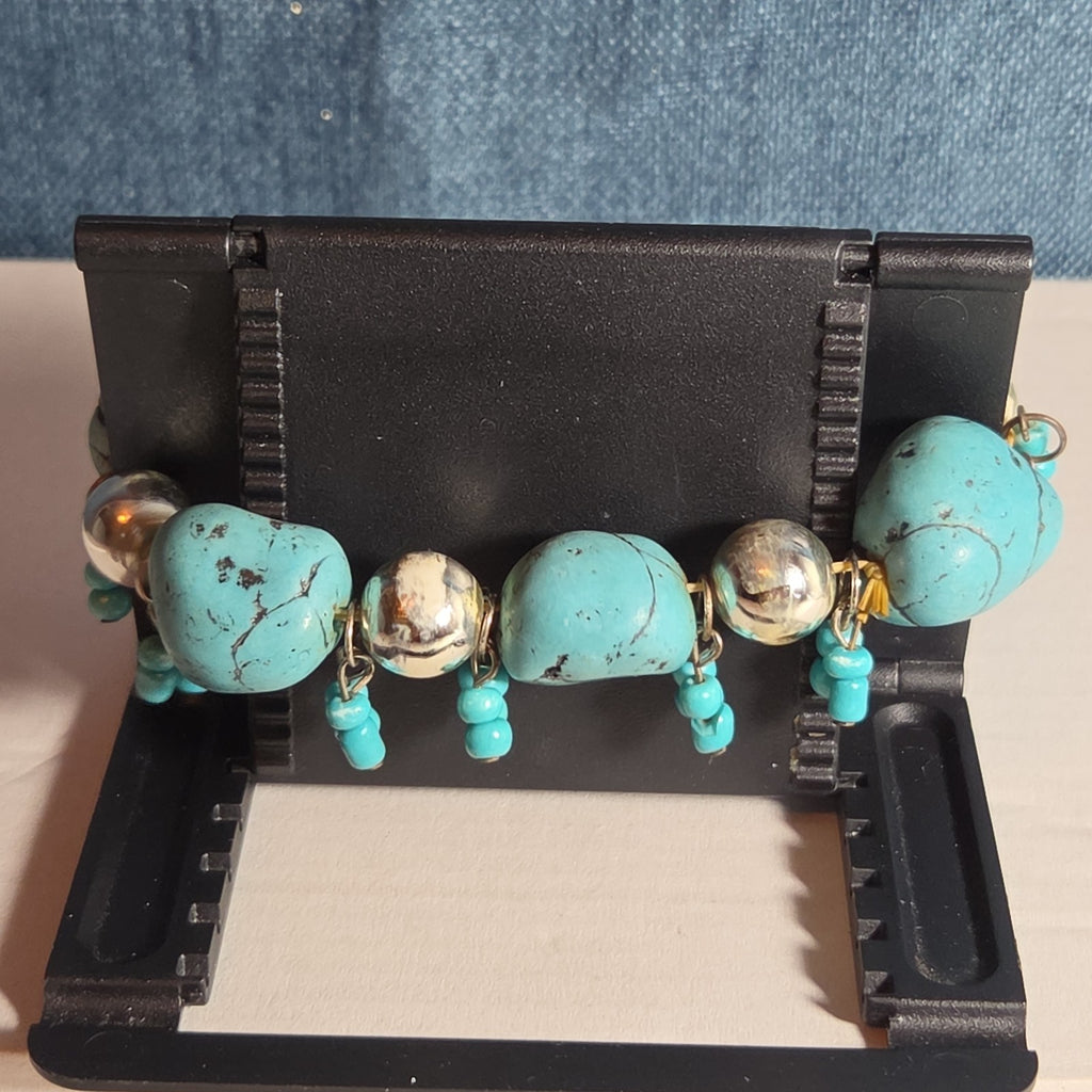 Chunky Faux Turquoise Silver Tone Stretch Bracelet Boho Y2K NWOT