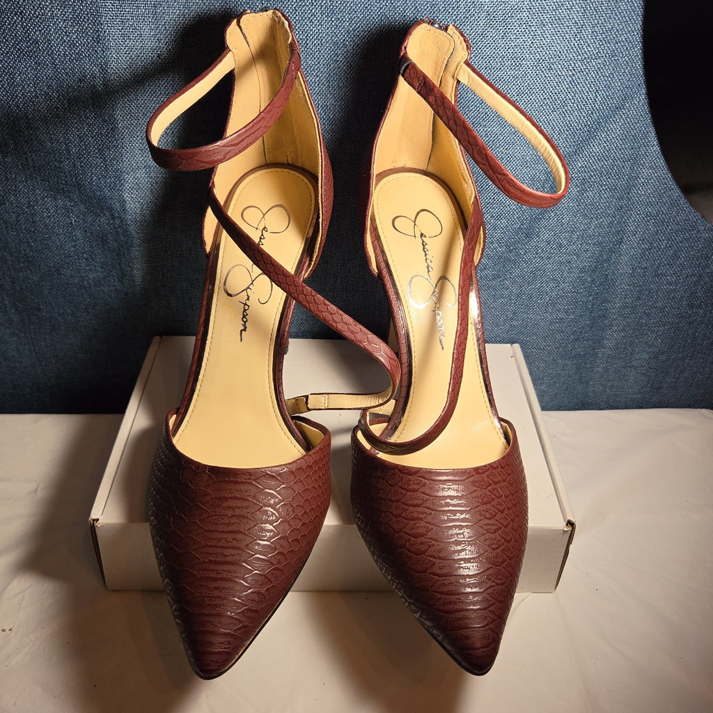 Jessica Simpson Wine Snakeskin Pumps 9M Ankle Strap Pointed Toe Zipper Heels 40