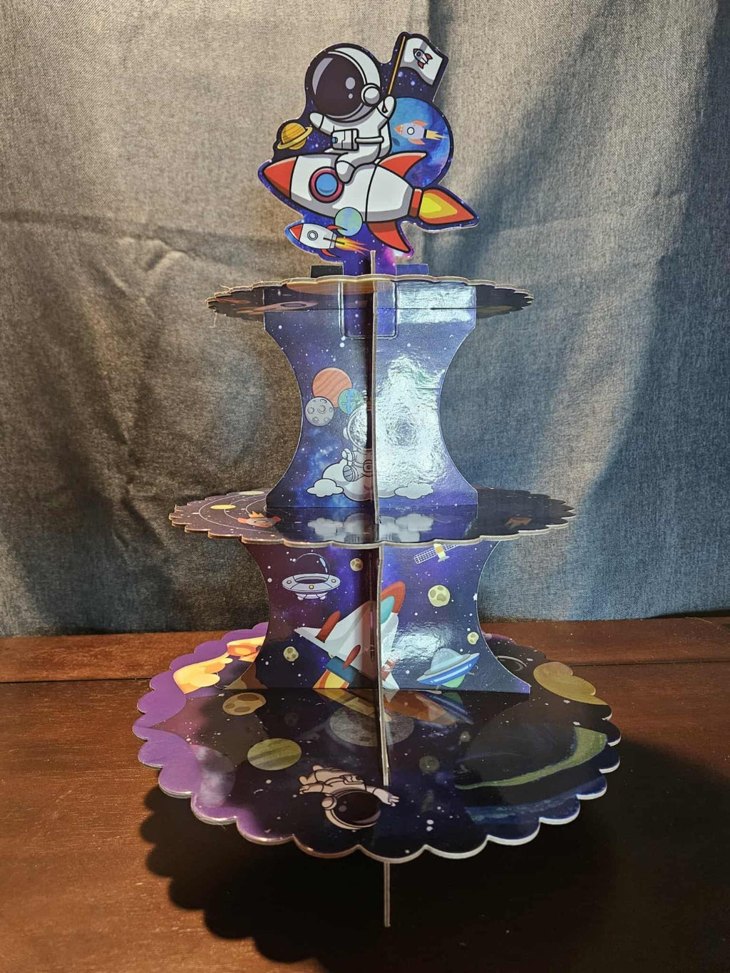 Outer Space 3-Tier Cupcake Stand LED Light Rocket Astronaut Birthday Party Decor