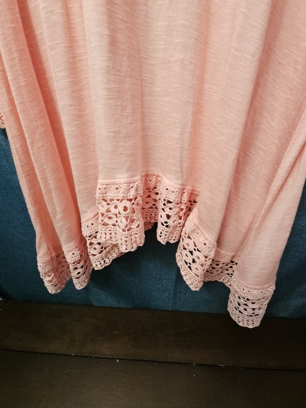 Indigo Soul Boho Tunic Top Large Pink Rayon Crochet Lace Sharkbite Hem Lagenlook