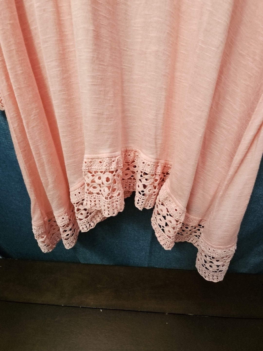 Indigo Soul Boho Tunic Top Large Pink Rayon Crochet Lace Sharkbite Hem Lagenlook