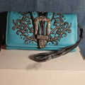 Turquoise Western Buckle Floral Trifold Crossbody Wallet NWT
