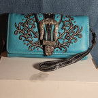 Turquoise Western Buckle Floral Trifold Crossbody Wallet NWT