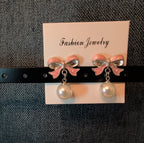 Pink Bow Pearl Drop Earrings Gold Plated Bowknot Cute Elegant Dangle Studs Gift