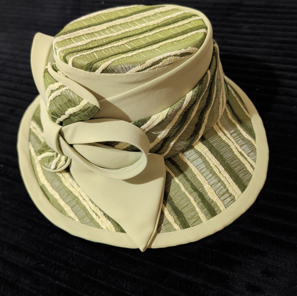 Carissimo Green Striped Wide Brim Church Derby Hat Bow Ribbon Vintage
