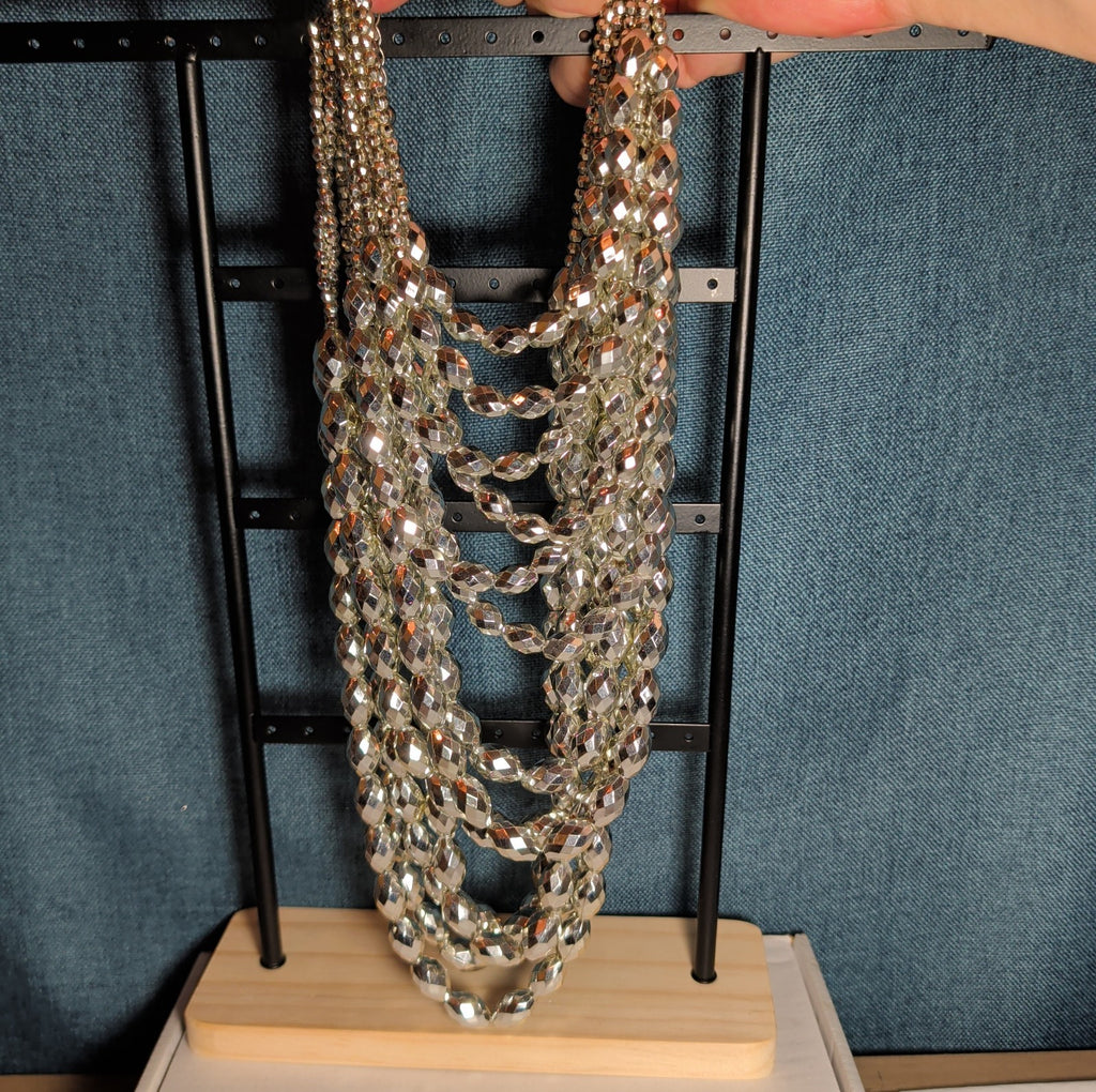 Multi Strand Silver Tone Beaded Statement Necklace Glam