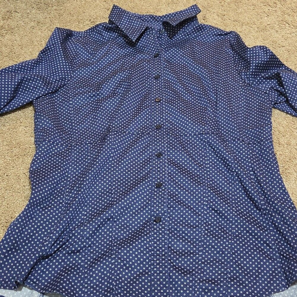 New York & Company Blouse Blue Polka Dot Button Down Office Wear Used Size L