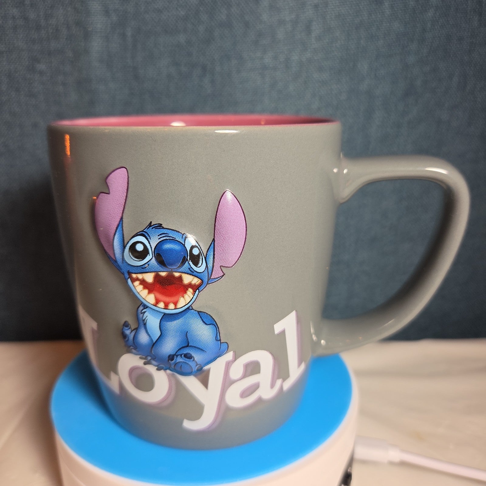 Disney Parks Stitch Loyal Brave Grey Ceramic Mug Pink Inside