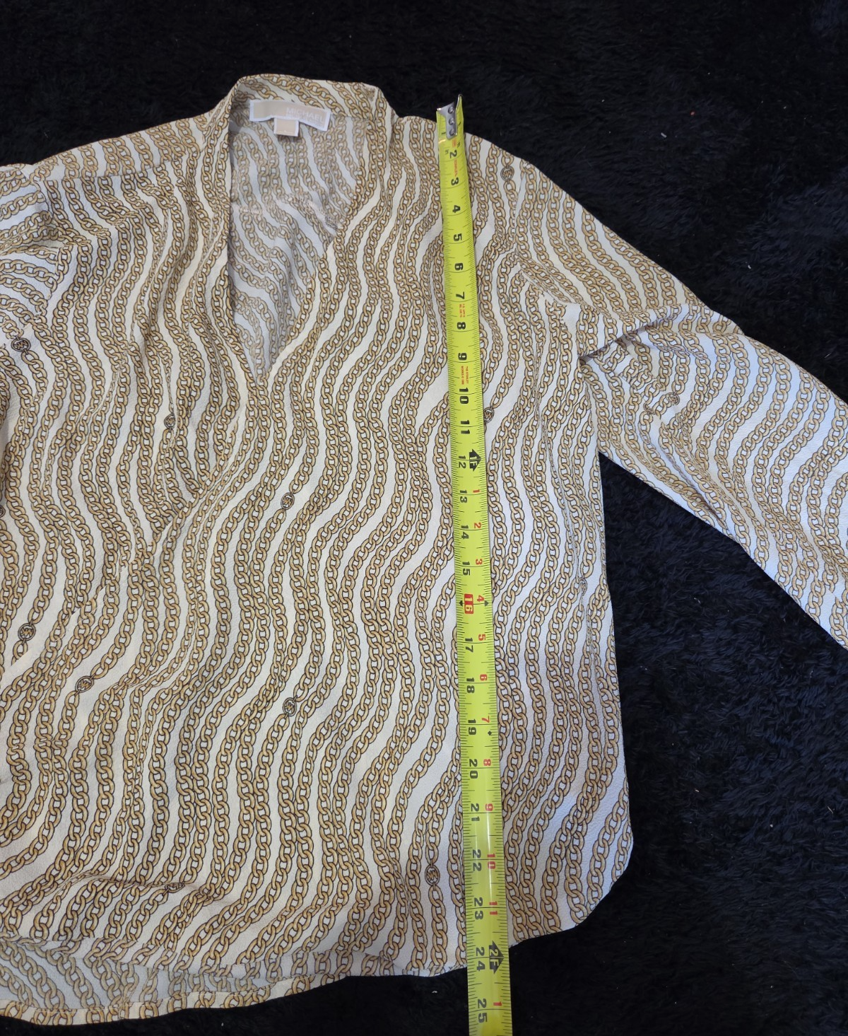Michael Kors Blouse Gold Chain Link Print Wrap V-Neck Stretch Top L Gently Used