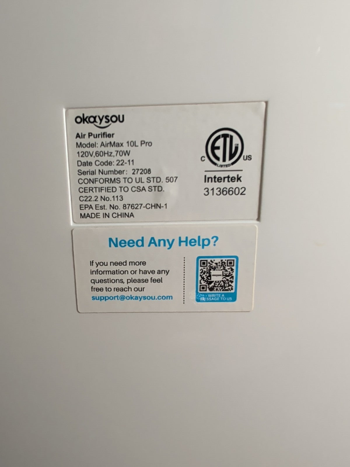 Okaysou AirMax 10L Pro Air Purifier HEPA 5-Stage 1000sq ft Room White Working