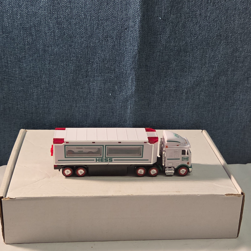 2021 Hess Mini Toy Truck Semi Hauler with Race Car White & Green Collectible